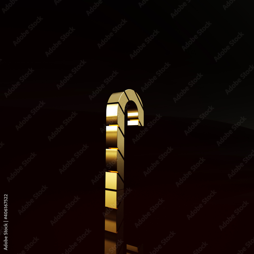 Gold Christmas candy cane with stripes icon isolated on brown background. Merry Christmas and Happy 