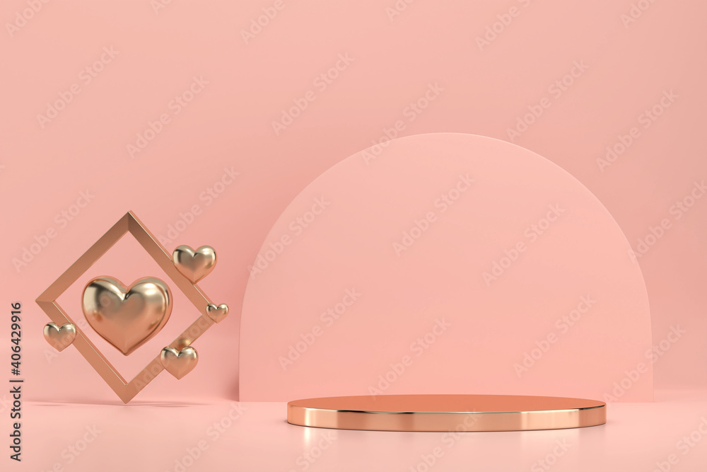 Valentines day gold stage podium platform with hearts decoration for product showcase 3d render