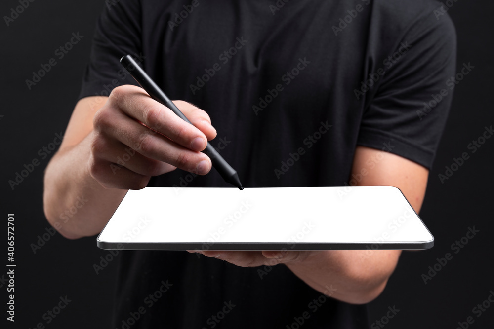 Businessman holding tablet and writing on screen with stylus social media cover