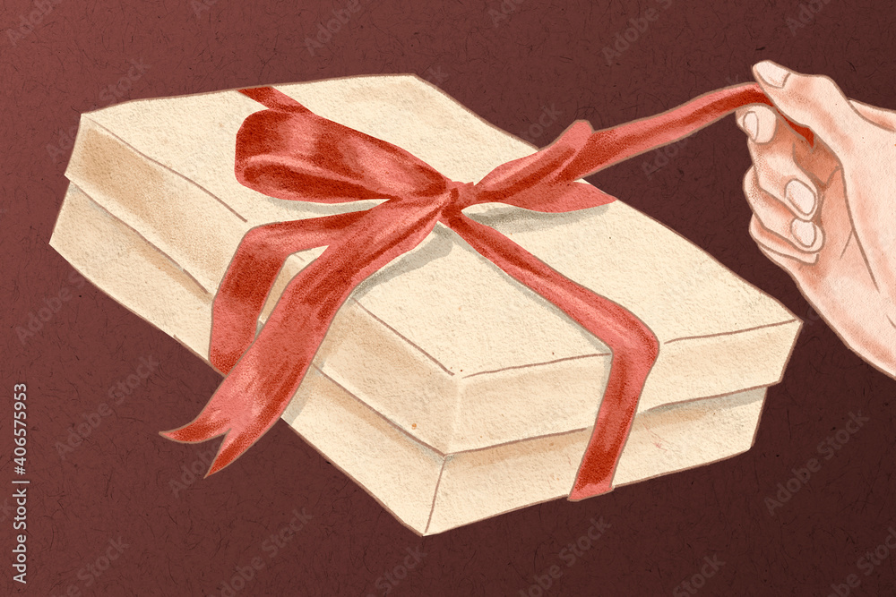  Valentine’s gift box being unwrapped hand drawn illustration