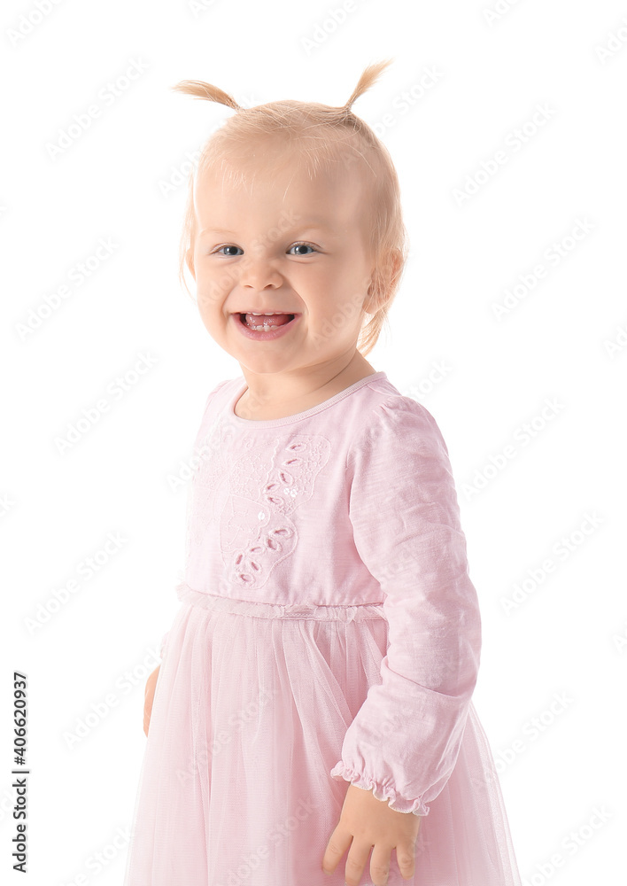 Portrait of happy little baby girl on white background