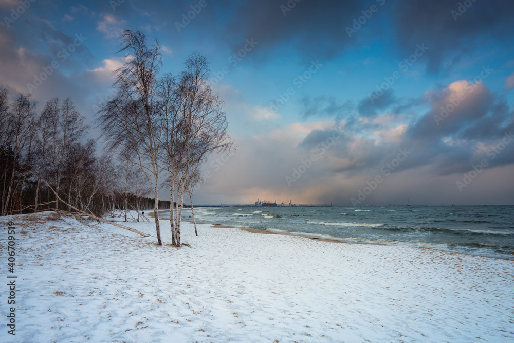 Winter landscape of a snow covered beach at Baltic Sea in Gdansk. Poland