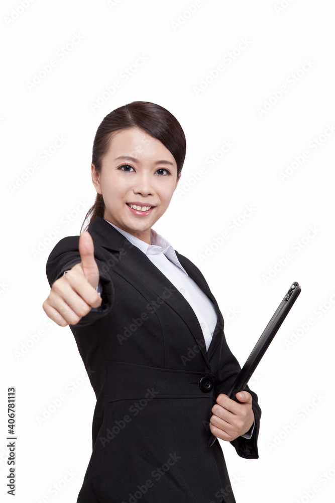 Portrait of young businesswoman with thumb up,holding folder,close-up