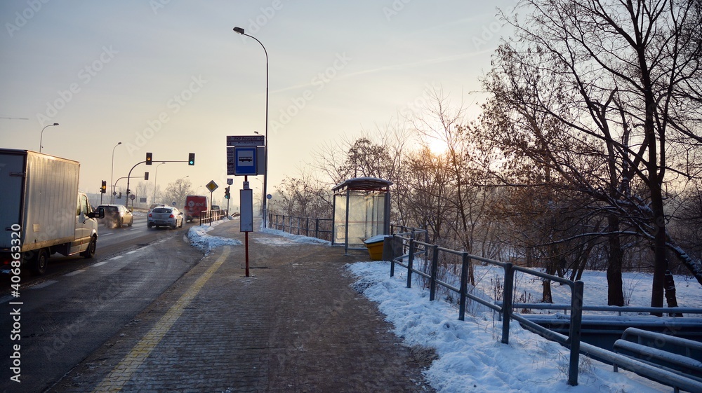 A modern residential area on a frosty winter morning.