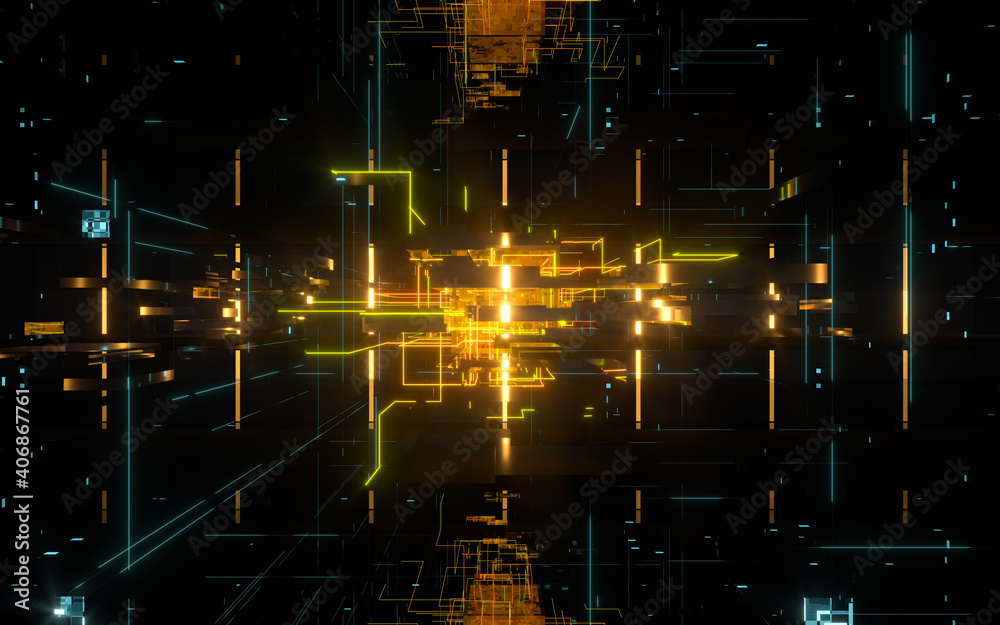 Glowing electronics lines with circuit structure, 3d rendering.