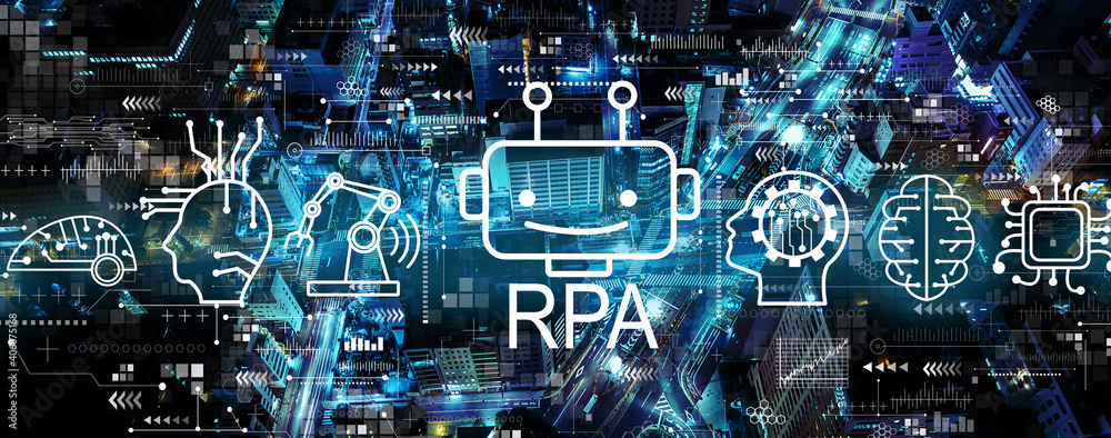 机器人过程自动化RPA主题，夜间城市鸟瞰图