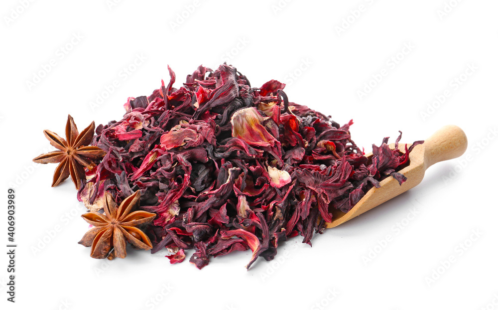 Dry hibiscus tea on white background