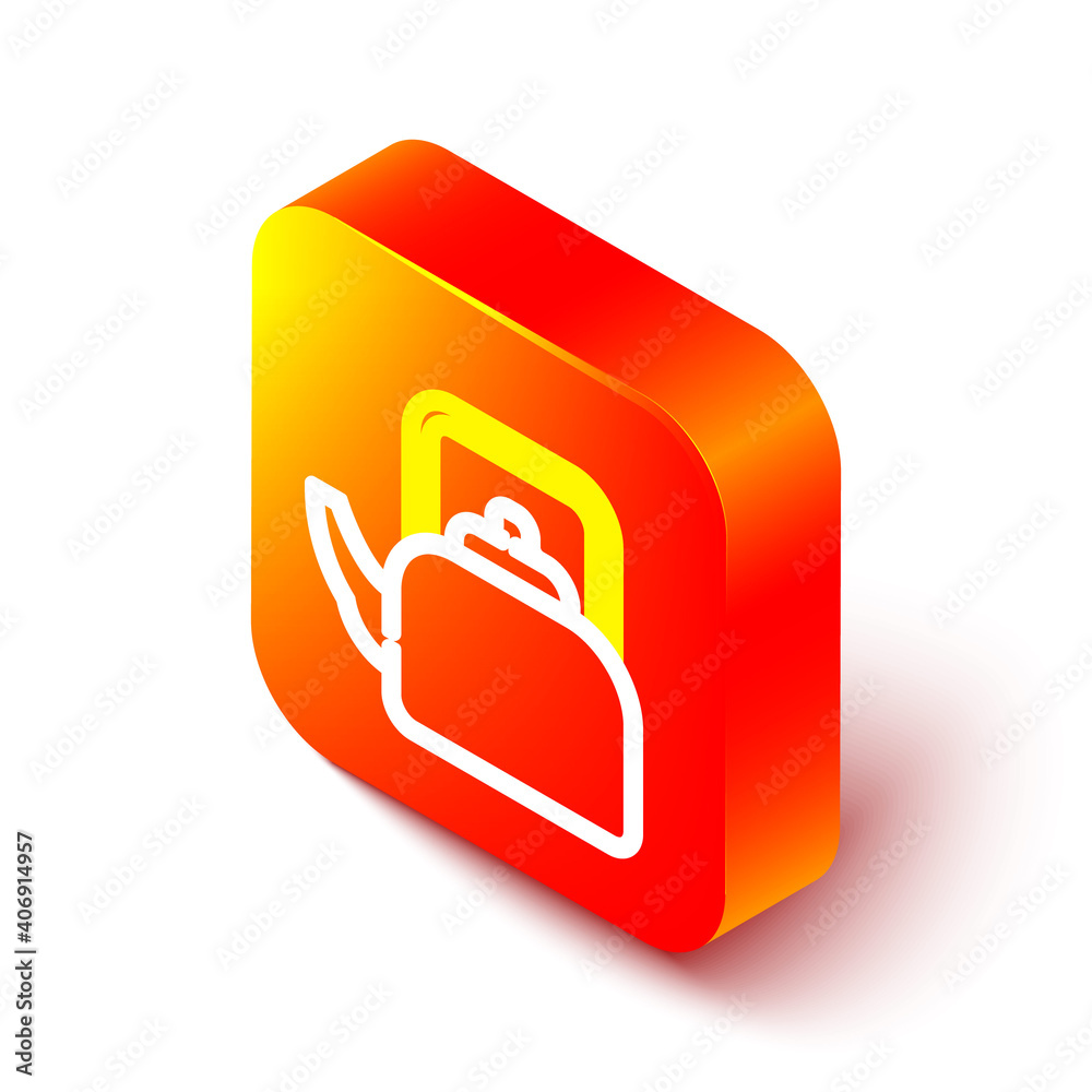 Isometric line Kettle with handle icon isolated on white background. Teapot icon. Orange square butt