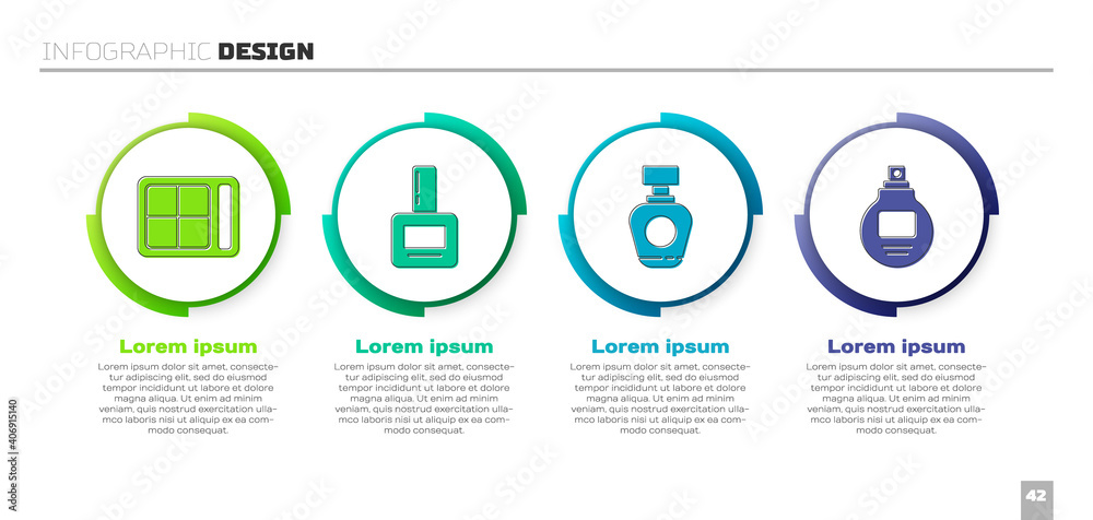 Set Eye shadow palette, Nail polish bottle, Perfume and Perfume. Business infographic template. Vect