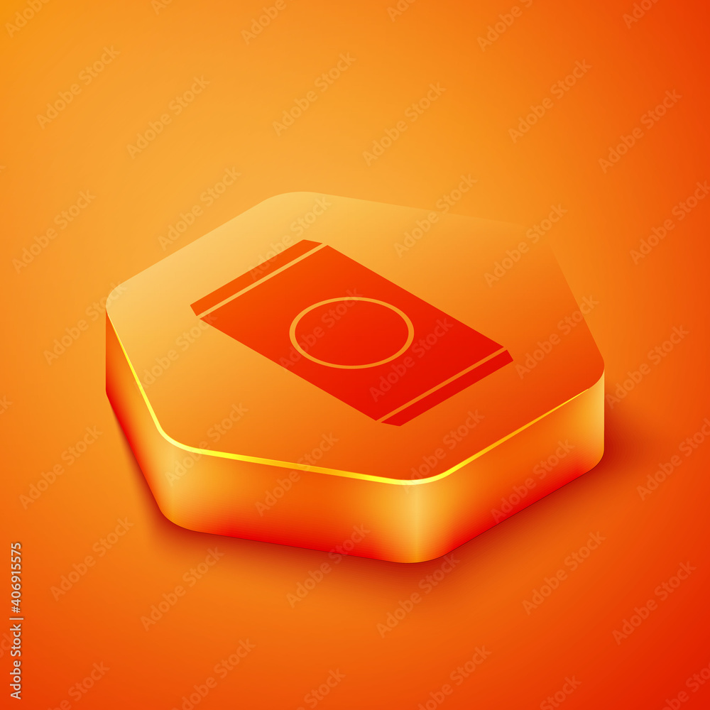 Isometric Soda can with drinking straw icon isolated on orange background. Orange hexagon button. Ve