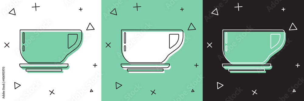 Set Coffee cup icon isolated on white and green, black background. Tea cup. Hot drink coffee. Vector