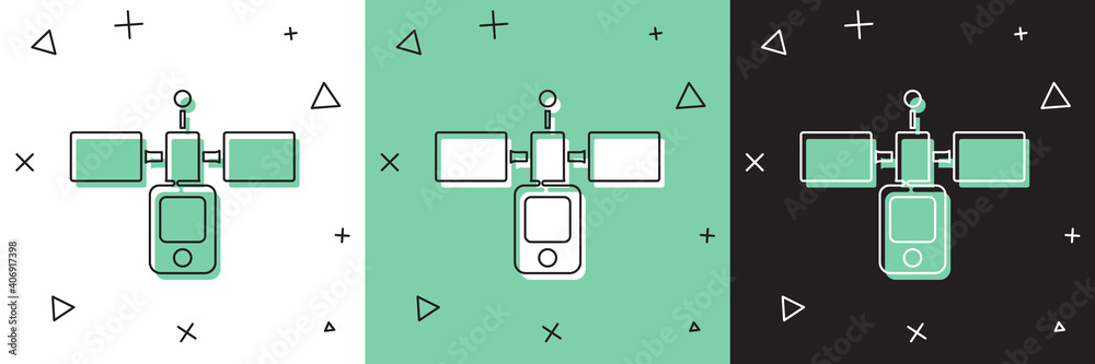 将卫星图标隔离在白色和绿色、黑色背景上。矢量。