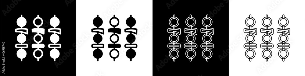 Set Grilled shish kebab on skewer stick icon isolated on black and white background. Meat kebab on s