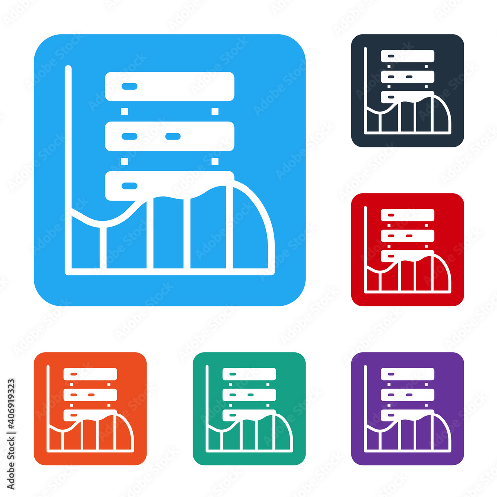 白色服务器、数据、Web宿主图标隔离在白色背景上。在彩色方形按钮中设置图标