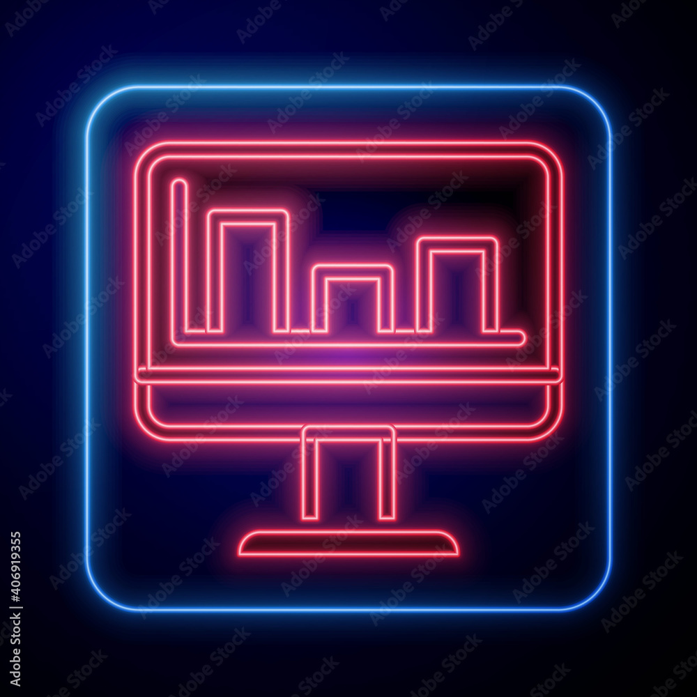 Glowing neon Computer monitor with graph chart icon isolated on blue background. Report text file. A