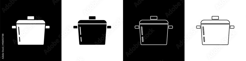 将烹饪锅图标隔离在黑白背景上。煮或炖食物符号。矢量。