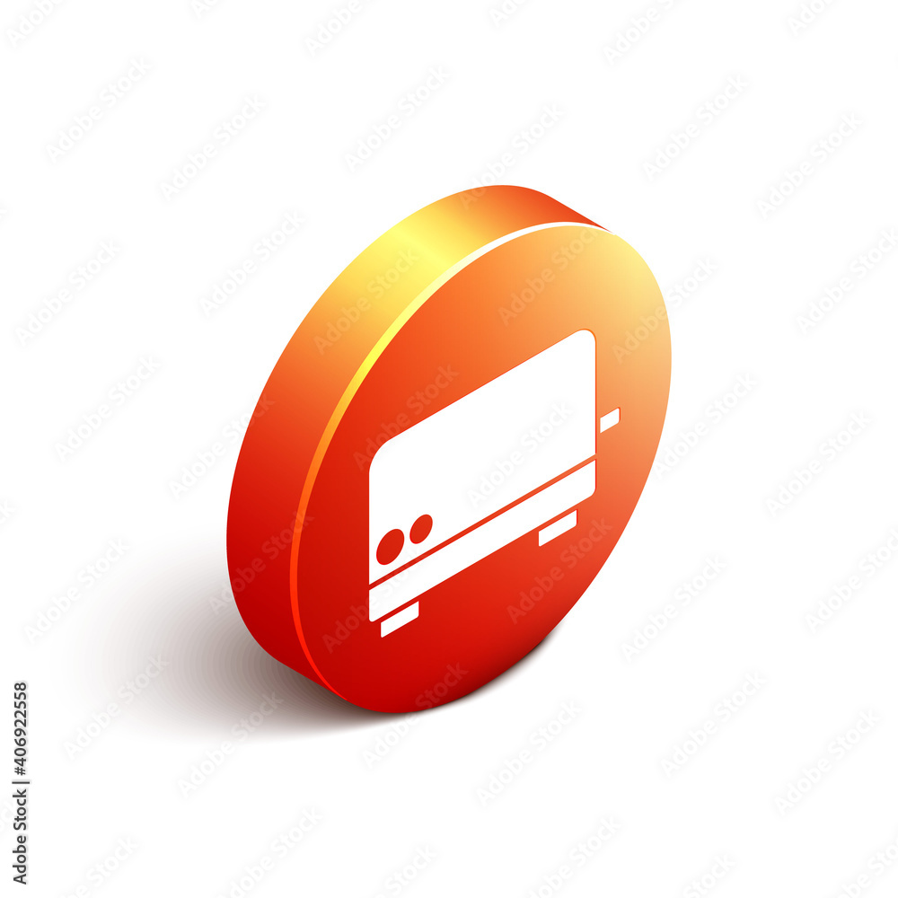 Isometric Toaster icon isolated on white background. Orange circle button. Vector.