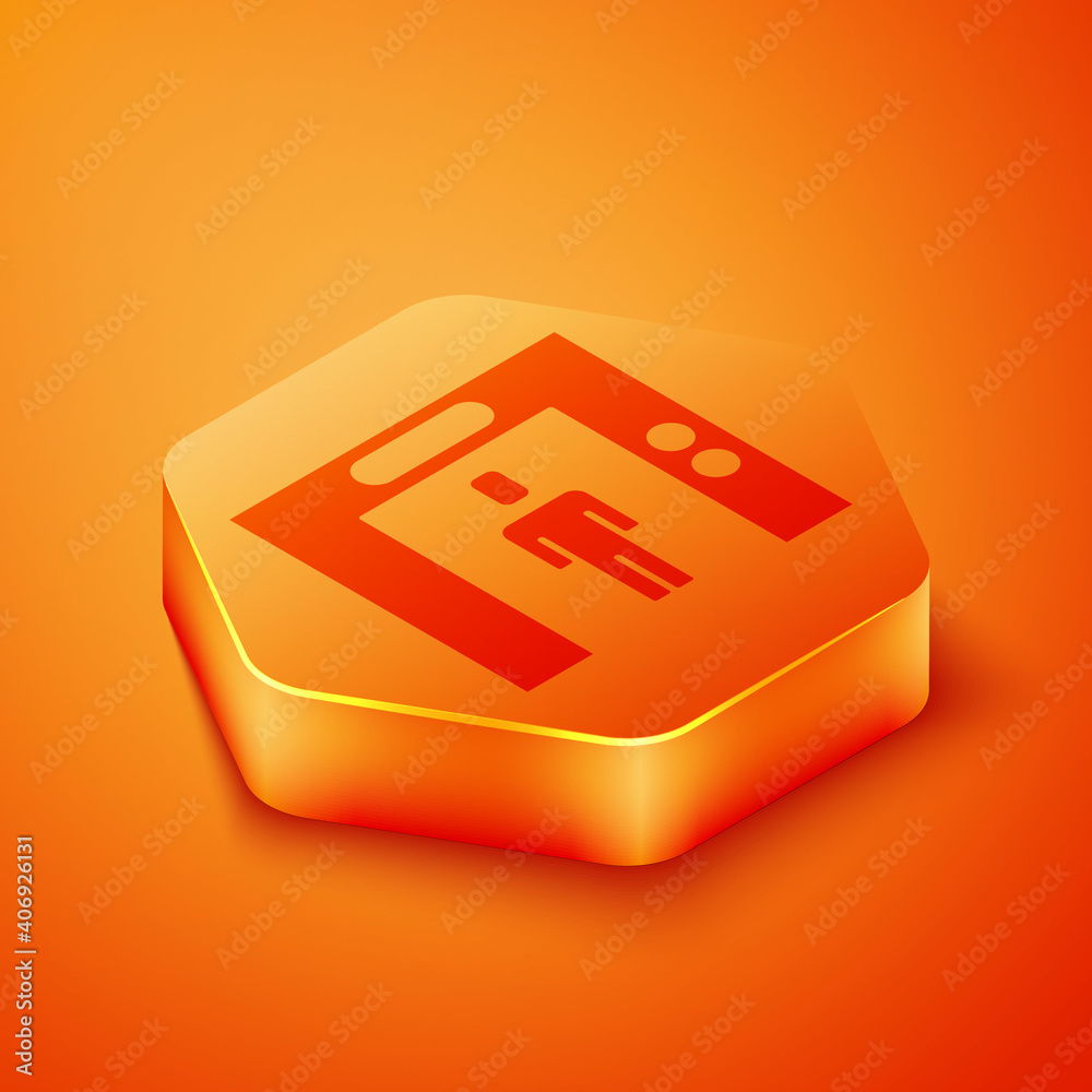 Isometric Lift icon isolated on orange background. Elevator symbol. Orange hexagon button. Vector.