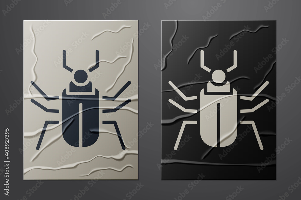 White Insect fly icon isolated on crumpled paper background. Paper art style. Vector.