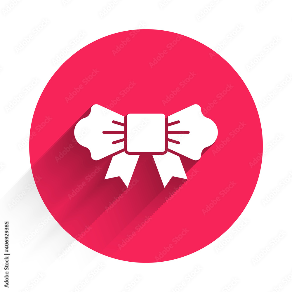 White Bow tie icon isolated with long shadow. Red circle button. Vector.