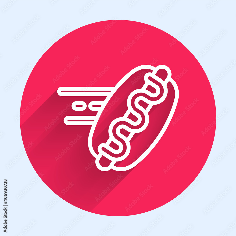 White line Online ordering and hotdog sandwich icon isolated with long shadow. Sausage icon. Fast fo