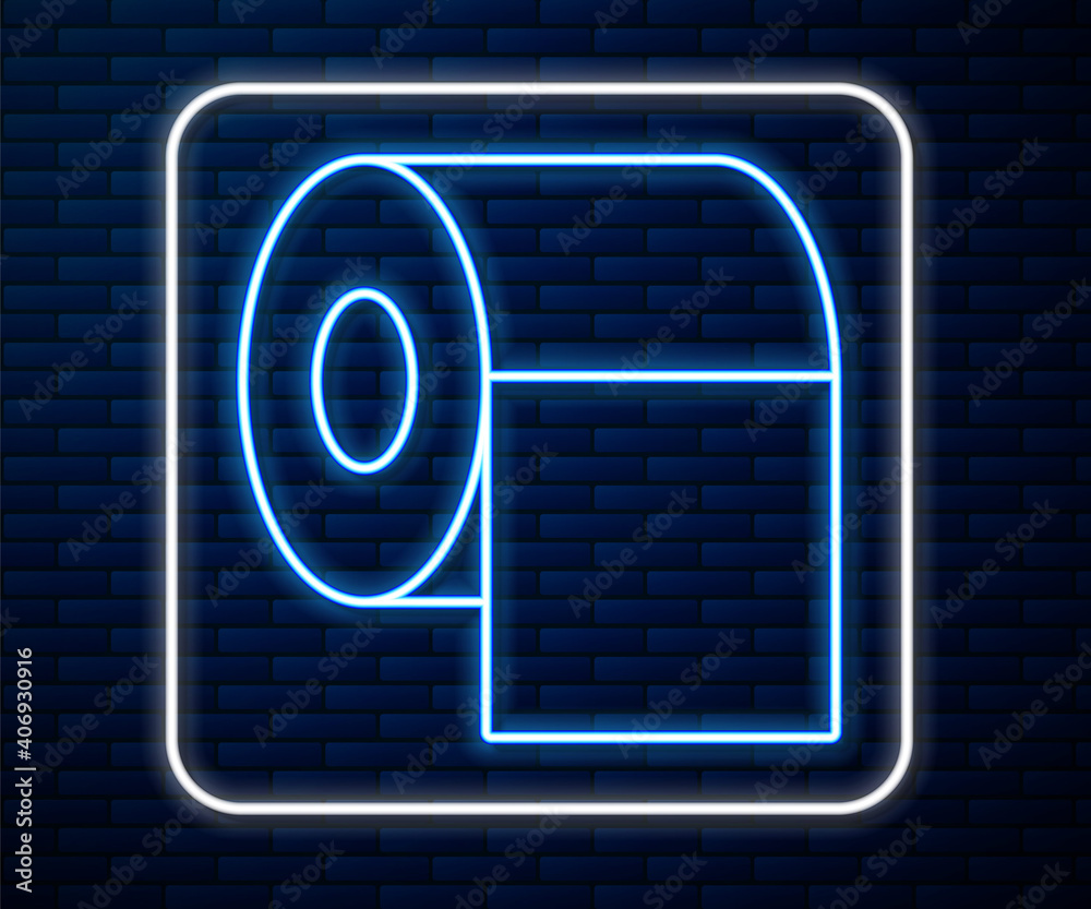 Glowing neon line Toilet paper roll icon isolated on brick wall background. Vector.