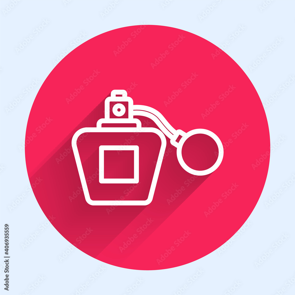 White line Perfume icon isolated with long shadow. Red circle button. Vector.