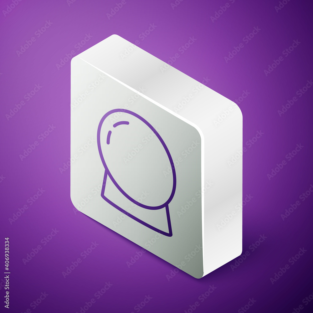 Isometric line Magic ball icon isolated on purple background. Crystal ball. Silver square button. Ve