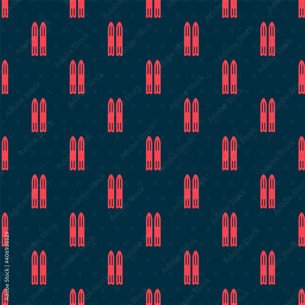 Red line Ski and sticks icon isolated seamless pattern on black background. Extreme sport. Skiing eq