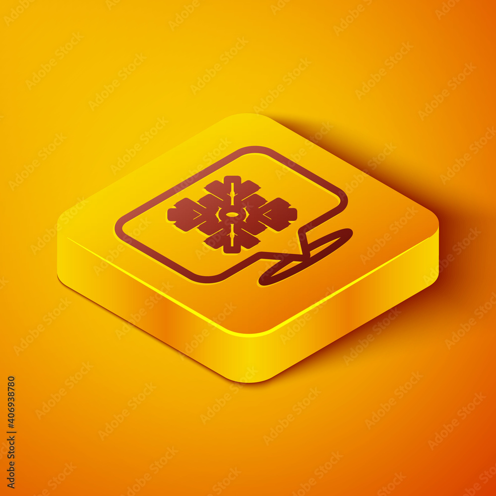 Isometric line Snowflake with speech bubble icon isolated on orange background. Merry Christmas and 