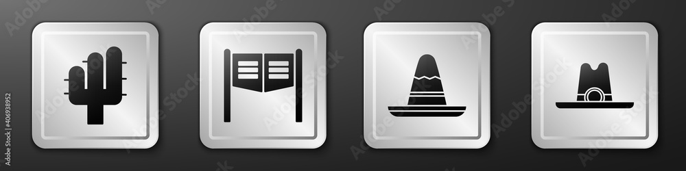 Set Cactus, Saloon door, Mexican sombrero hat and Western cowboy hat icon. Silver square button. Vec