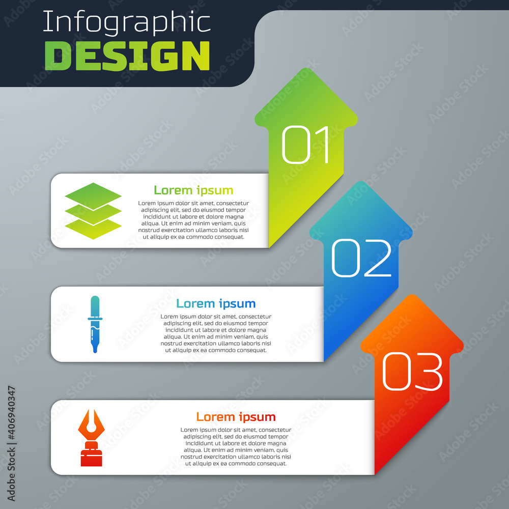 Set Layers, Pipette and Fountain pen nib. Business infographic template. Vector.