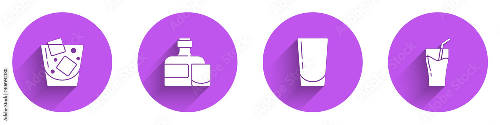 Set Glass of whiskey, Whiskey bottle and glass, with water and juice icon with long shadow. Vector.