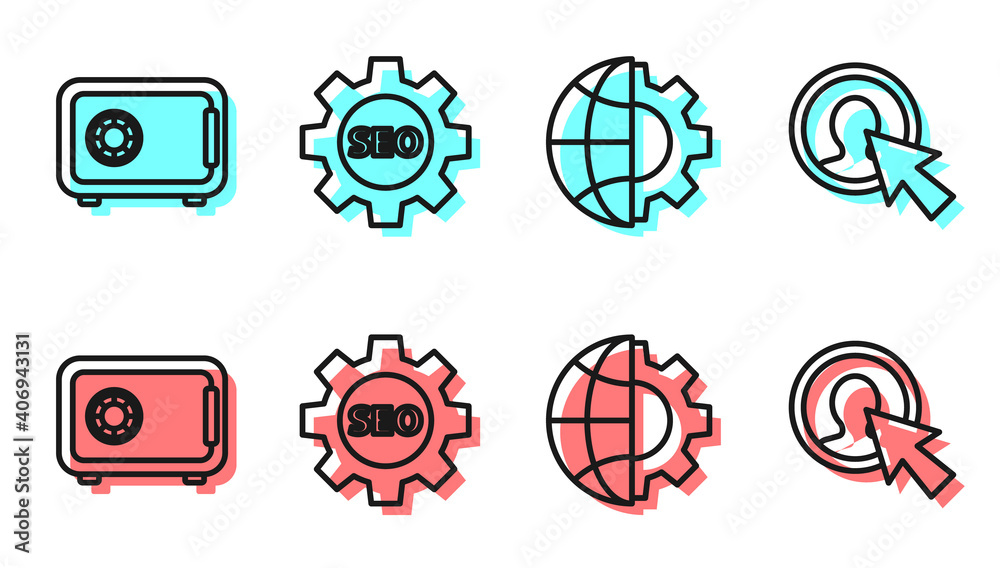 Set line Globe of the Earth and gear, Safe, Seo tag with gear wheel and User of man in business suit