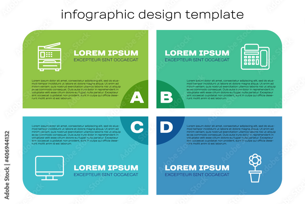设置线路电脑显示器屏幕、打印机、花盆和电话。商业信息图模板。