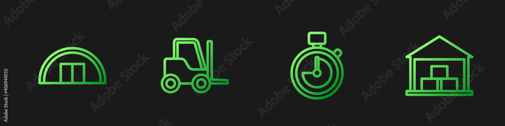 Set line Stopwatch, Warehouse, Forklift truck and . Gradient color icons. Vector.