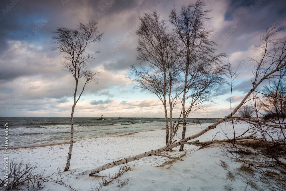 波兰格但斯克波罗的海白雪皑皑海滩的冬季景观