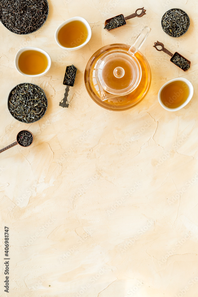 Different herbal and fruit tea, top view, copy space