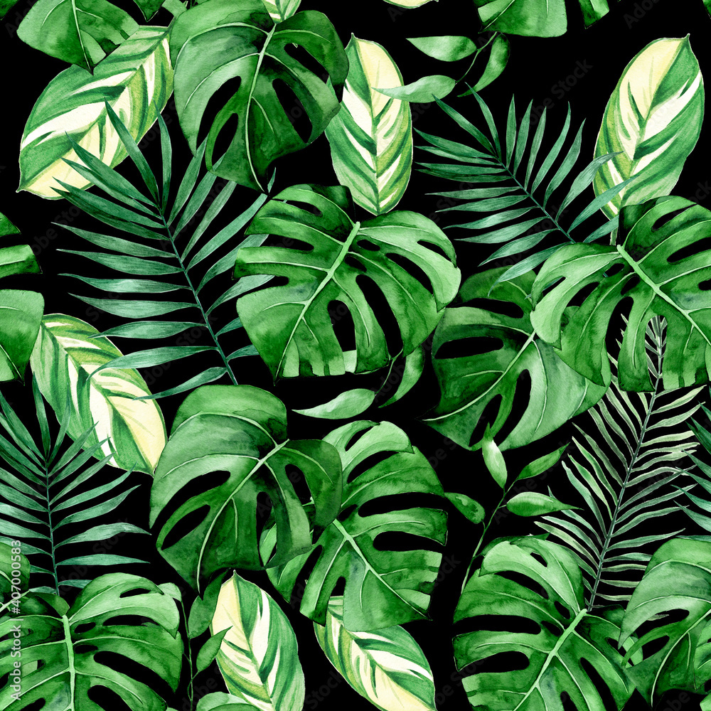 watercolor seamless pattern with tropical green leaves on black background. leaves of palm, monstera