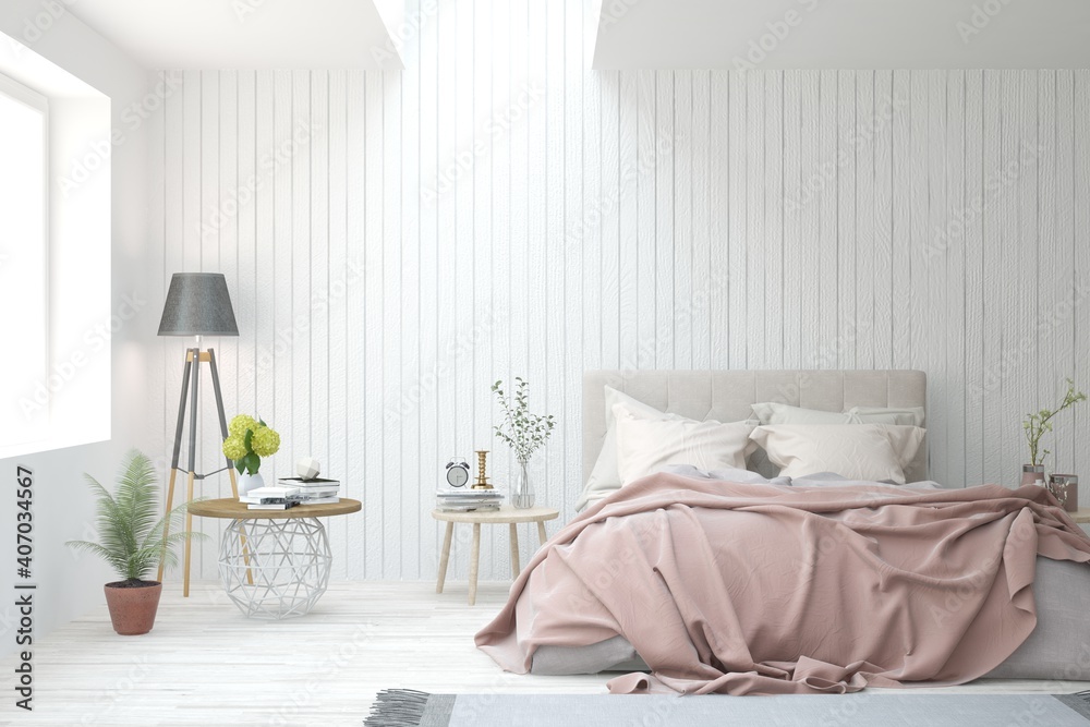 White stylish  bedroom interior. Scandinavian design. 3D illustration