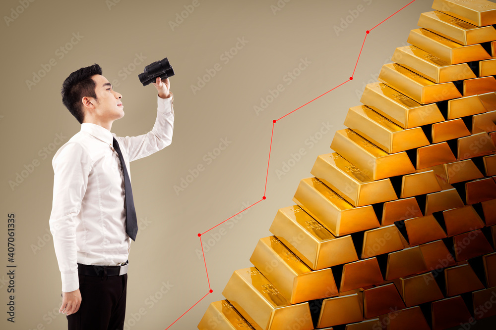 Business people and golden bars