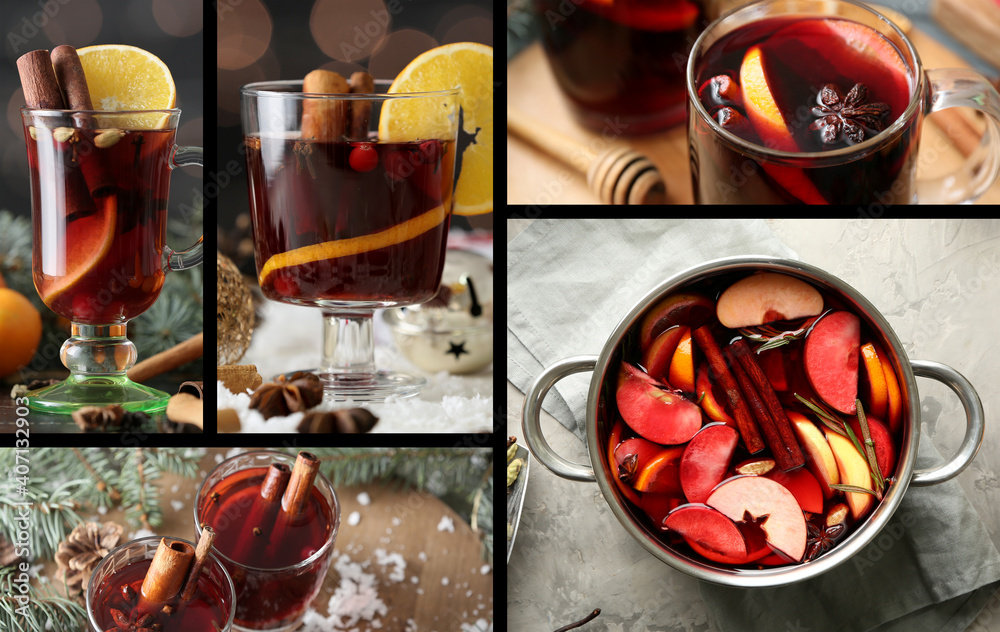 Collage of tasty mulled wine