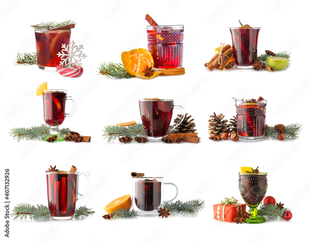 Glasses of tasty mulled wine on white background