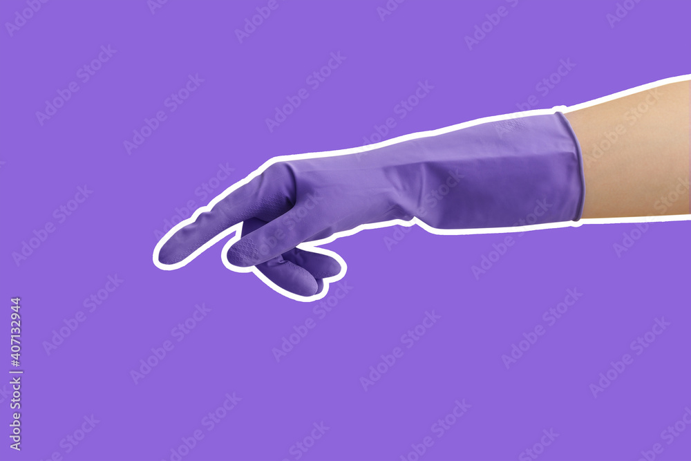 Hand in rubber glove on color background