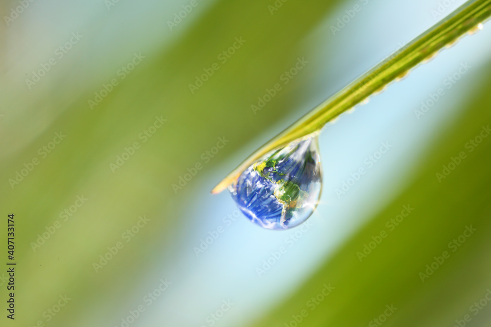 Planet Earth inside of water drop on grass, closeup. Ecology concept