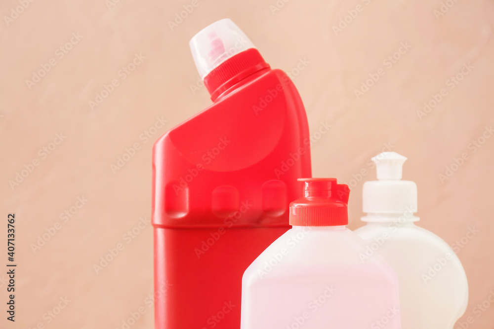 Set of cleaning supplies on color background