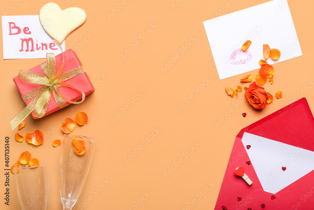 Festive composition for Valentines Day celebration on color background