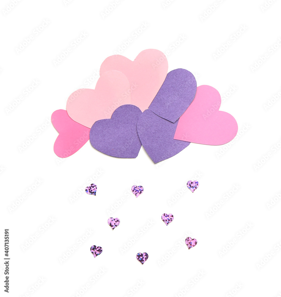 Cloud with rain drops made of paper hearts on white background