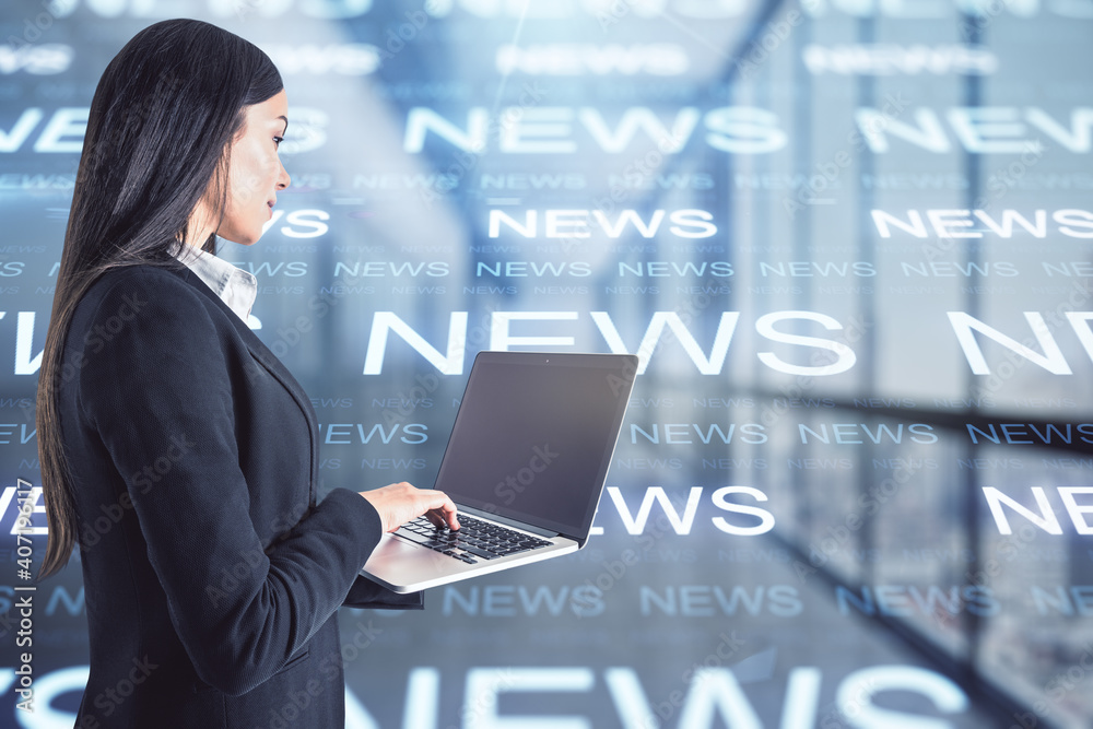 Businesswoman with laptop on the background of inscriptions News, double exposure, journalism concep