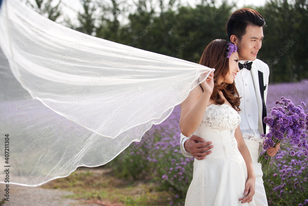 Romantic Lavender wedding couple